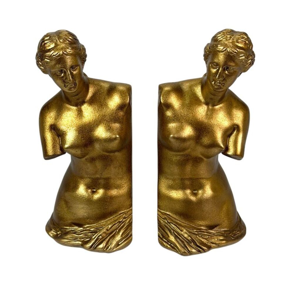 Venus De Milo Bust Bookends Set of 2 Antique Gold Resin 9.75 in Tall